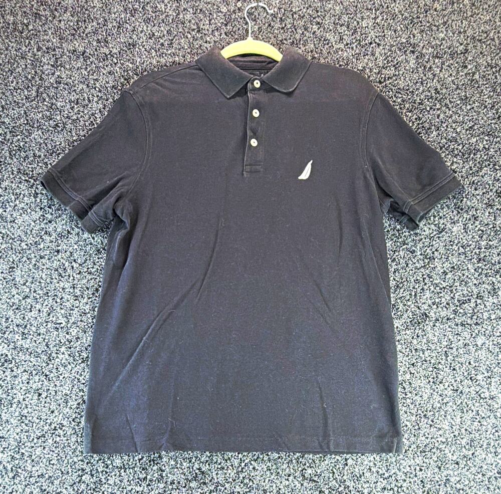 Nautica Polo Shirt Men's M Black Short Sleeve Collared Solid Logo Button Cotton